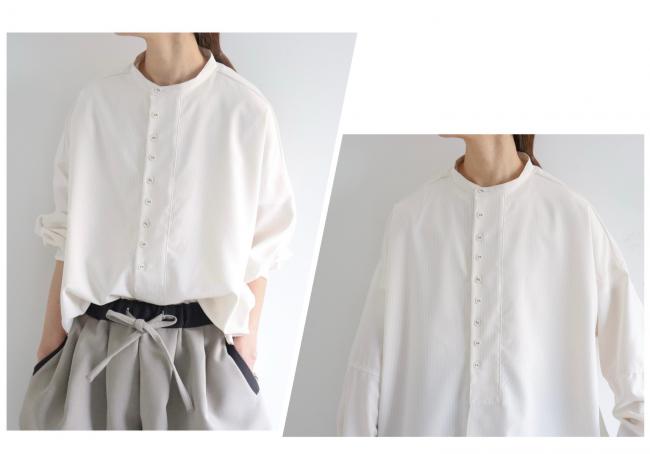 ピンストライプ　ラウンドヘムオーバーシャツ　(オフホワイト)