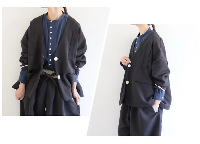 2つ釦ワイドボックスジャケット　(アッシュブラック)　ミディアム丈