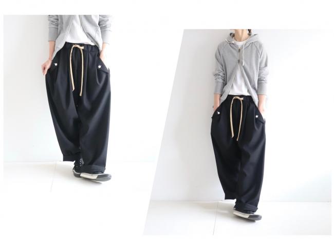 フラップポケットルーズタックパンツ　( ブラック)