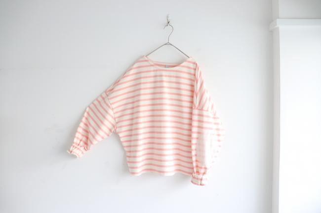 エルボーバッチボーダーワイドカットソー (ピンク×アイボリー)