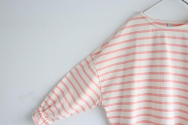 エルボーバッチボーダーワイドカットソー (ピンク×アイボリー)