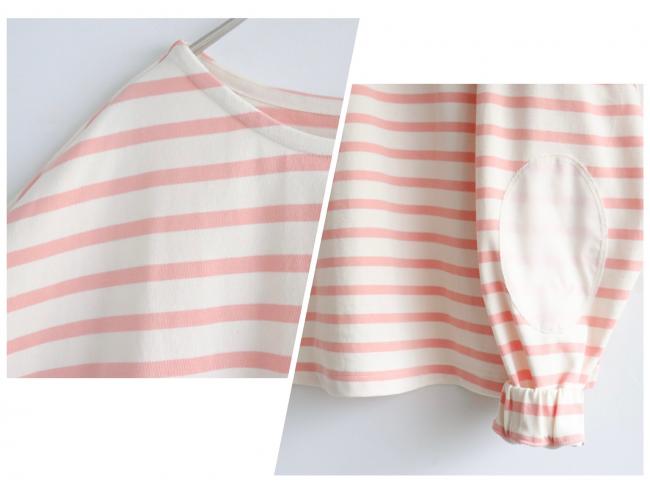 エルボーバッチボーダーワイドカットソー (ピンク×アイボリー)