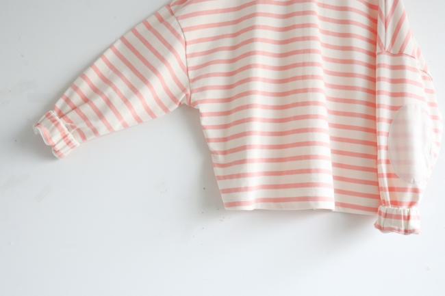 エルボーバッチボーダーワイドカットソー (ピンク×アイボリー)