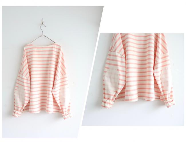 エルボーバッチボーダーワイドカットソー (ピンク×アイボリー)