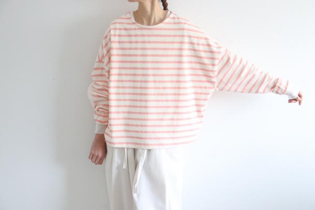 エルボーバッチボーダーワイドカットソー (ピンク×アイボリー)
