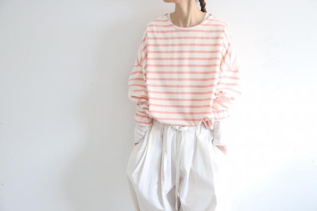 エルボーバッチボーダーワイドカットソー (ピンク×アイボリー)