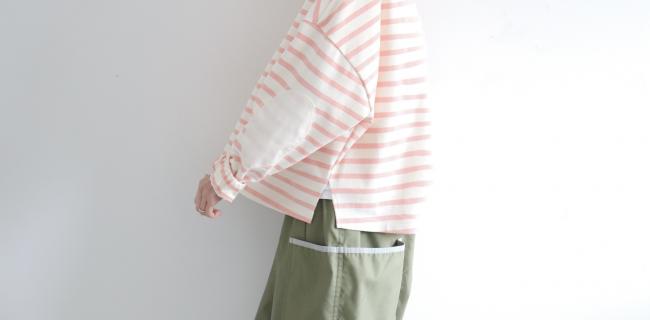 エルボーバッチボーダーワイドカットソー (ピンク×アイボリー)