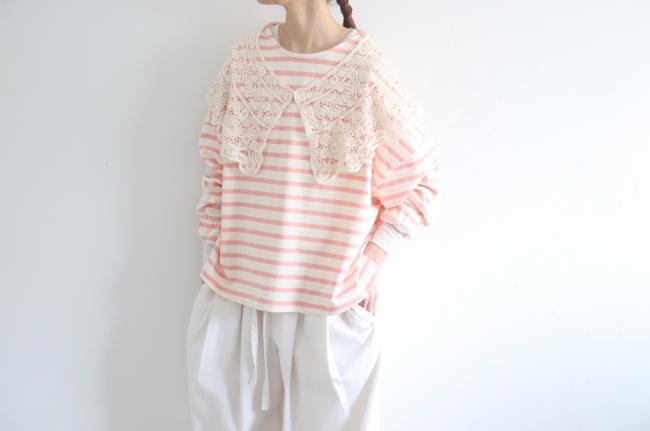 エルボーバッチボーダーワイドカットソー (ピンク×アイボリー)