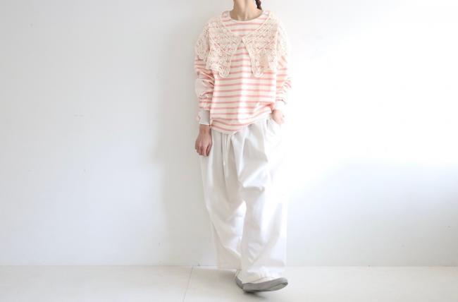 エルボーバッチボーダーワイドカットソー (ピンク×アイボリー)