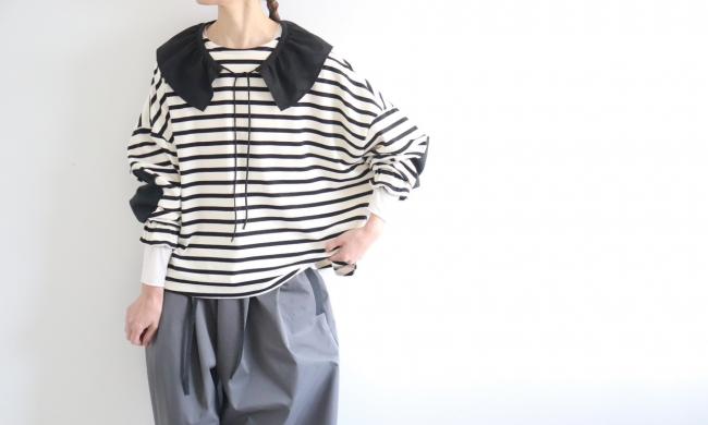 エルボーバッチボーダーワイドカットソー (ブラック×アイボリー)