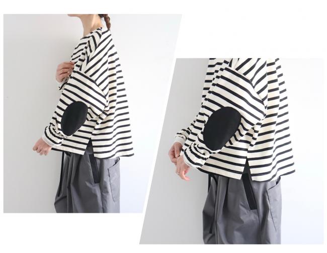 エルボーバッチボーダーワイドカットソー (ブラック×アイボリー)