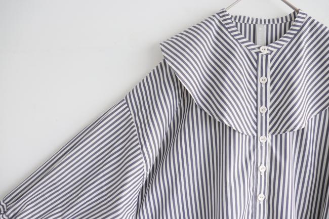 ラウンドカラーストライプボックスシャツ　(ダークネイビー×オフ)