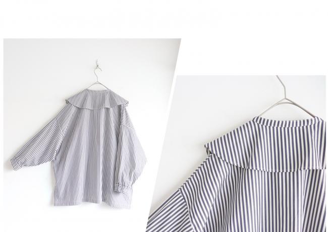 ラウンドカラーストライプボックスシャツ　(ダークネイビー×オフ)