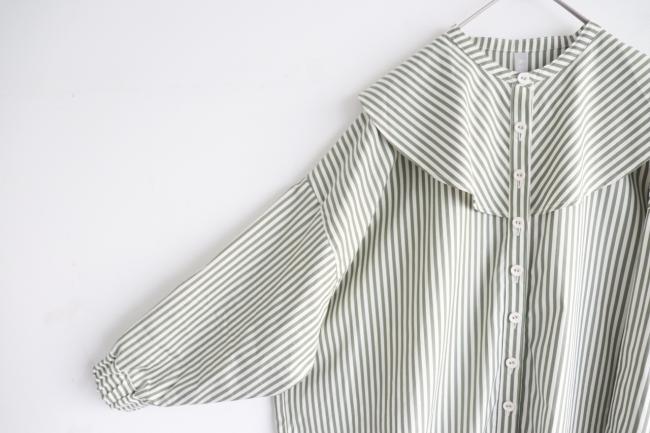 ラウンドカラーストライプボックスシャツ　(オリーブグリーン×オフ)