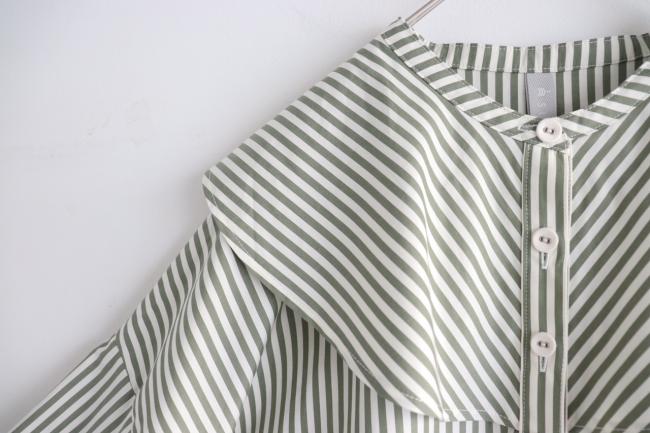 ラウンドカラーストライプボックスシャツ　(オリーブグリーン×オフ)