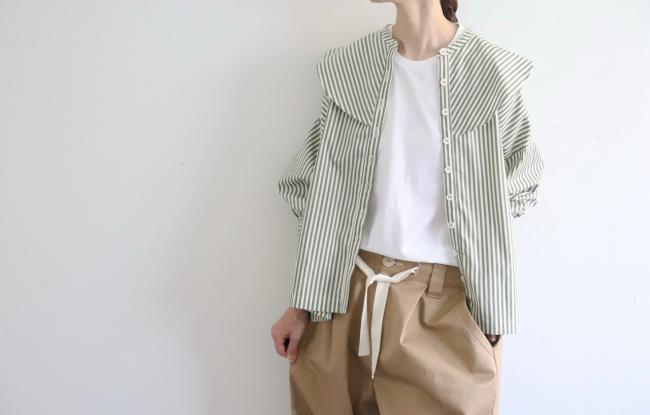 ラウンドカラーストライプボックスシャツ　(オリーブグリーン×オフ)