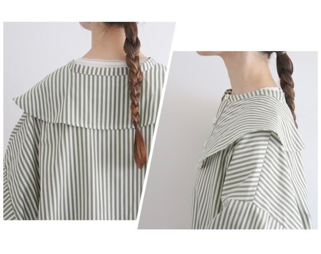 ラウンドカラーストライプボックスシャツ　(オリーブグリーン×オフ)