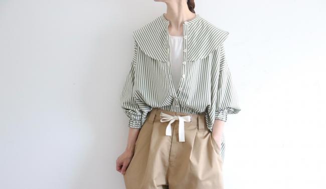 ラウンドカラーストライプボックスシャツ　(オリーブグリーン×オフ)