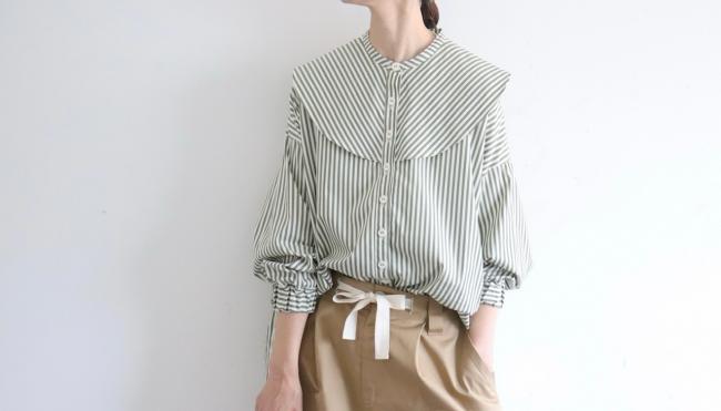 ラウンドカラーストライプボックスシャツ　(オリーブグリーン×オフ)
