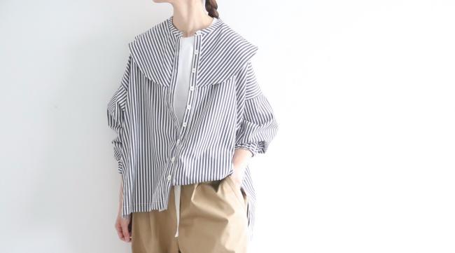 ラウンドカラーストライプボックスシャツ　(ダークネイビー×オフ)