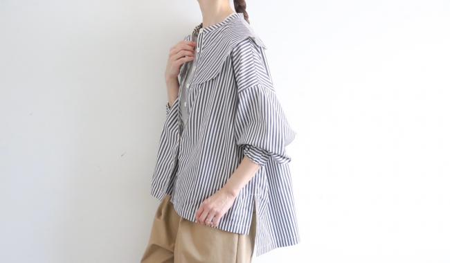 ラウンドカラーストライプボックスシャツ　(ダークネイビー×オフ)