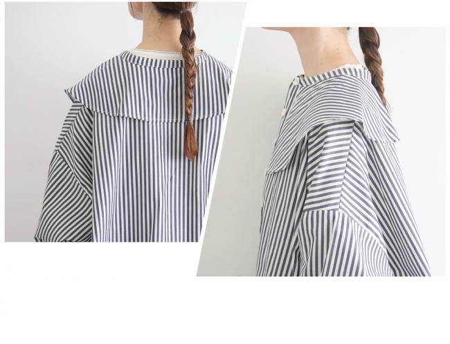 ラウンドカラーストライプボックスシャツ　(ダークネイビー×オフ)