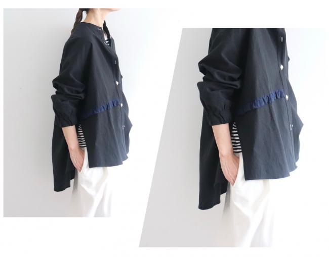 サイドフリルスリットシャツ　(ブラック)