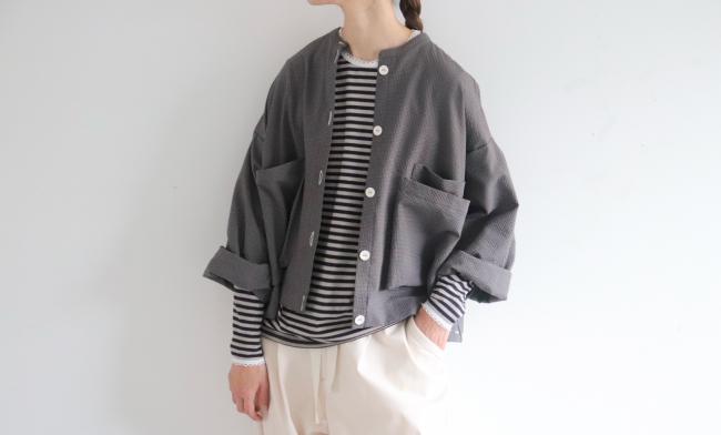 newピコレース付長袖ボーダーカットソー　(ダークネイビーXグレージュ)