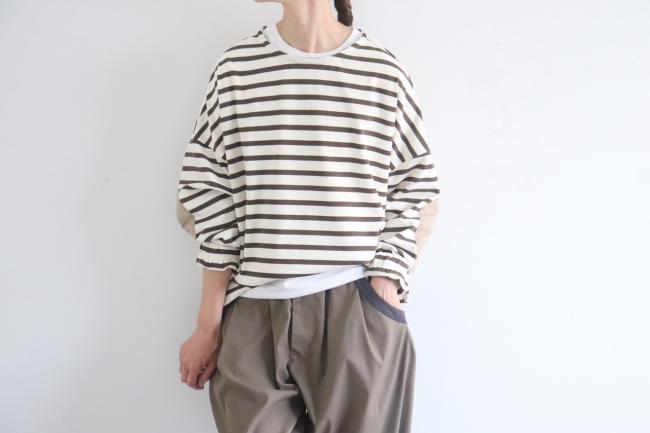 エルボーバッチボーダーワイドカットソー (アイボリー×モカ)