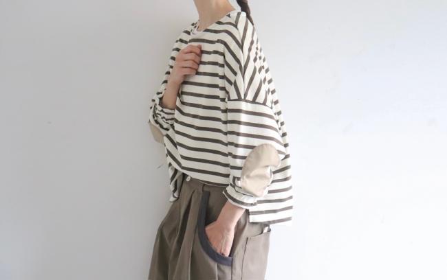 エルボーバッチボーダーワイドカットソー (アイボリー×モカ)