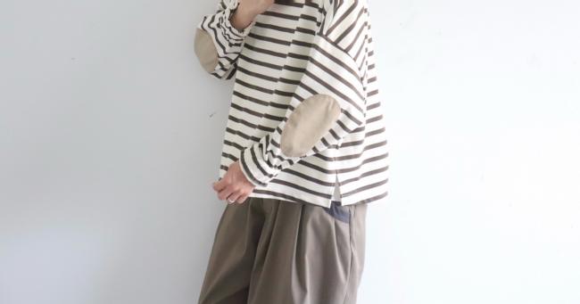 エルボーバッチボーダーワイドカットソー (アイボリー×モカ)