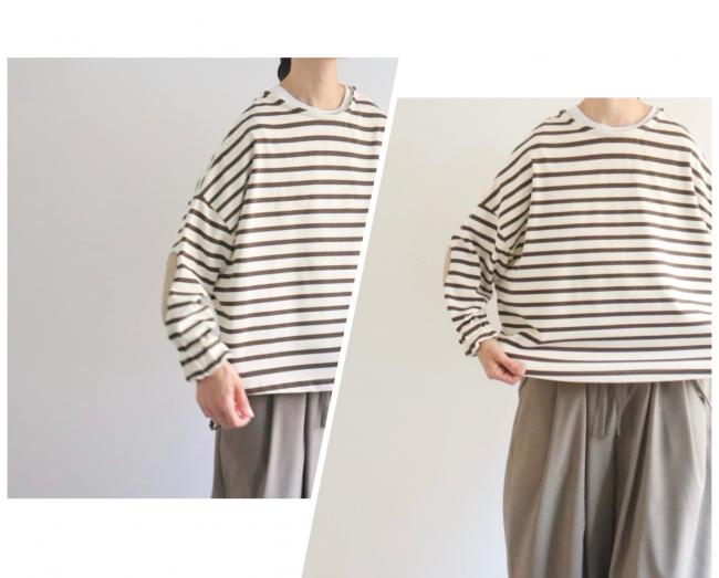 エルボーバッチボーダーワイドカットソー (アイボリー×モカ)