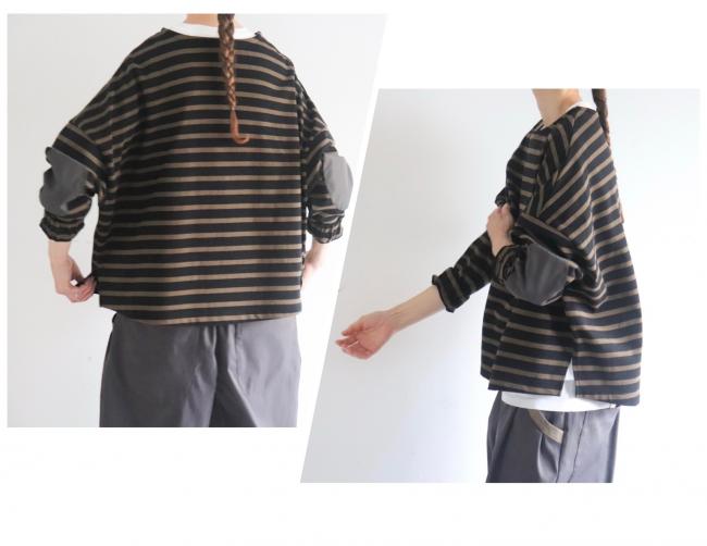 エルボーバッチボーダーワイドカットソー (ブラック×モカ)