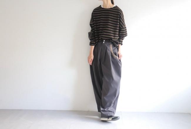 エルボーバッチボーダーワイドカットソー (ブラック×モカ)