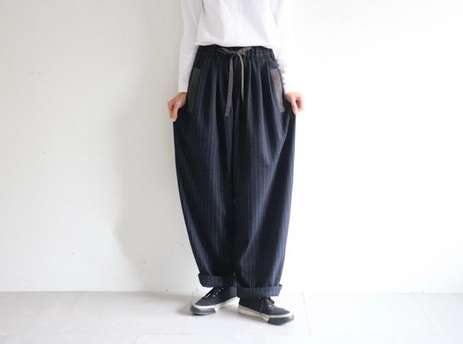 ウールライクメニータックパンツ 　フルレングス　 (ダークネイビーストライプ)