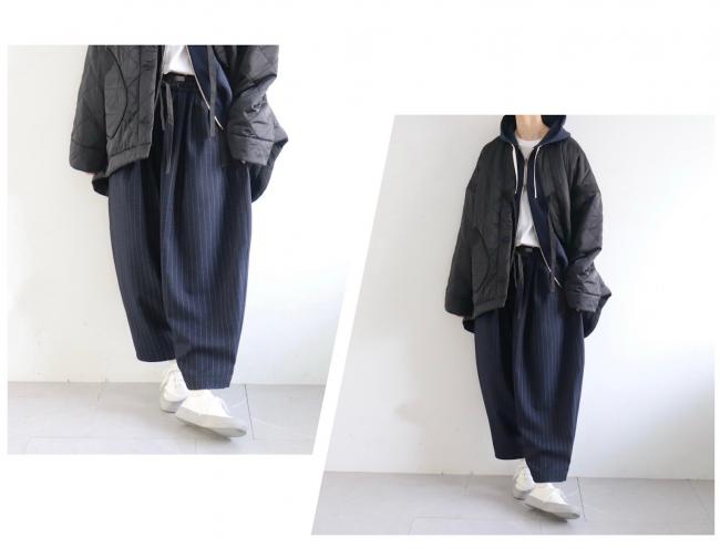 ウールライクメニータックパンツ 　クロップド丈　 (ダークネイビーストライプ)