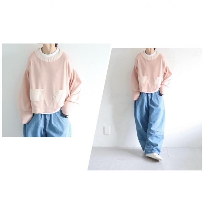 ポケ付きワイドショートニット　(ウオームピンク×アッシュピンク)